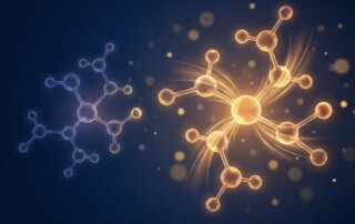 Stylized molecular illustration showing why dutasteride is stronger than finasteride through glowing scientific structures