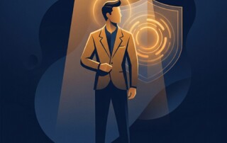Confident man symbolizing hair loss treatment satisfaction guarantee with a glowing shield emblem in the background