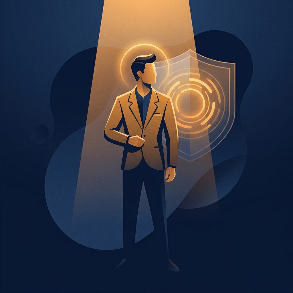 Confident man symbolizing hair loss treatment satisfaction guarantee with a glowing shield emblem in the background Confident man symbolizing hair loss treatment satisfaction guarantee with a glowing shield emblem in the background