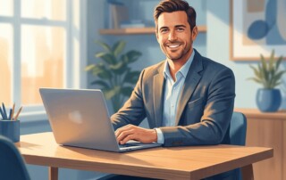Man confidently reviewing a licensed provider hair loss prescription online from a modern home office