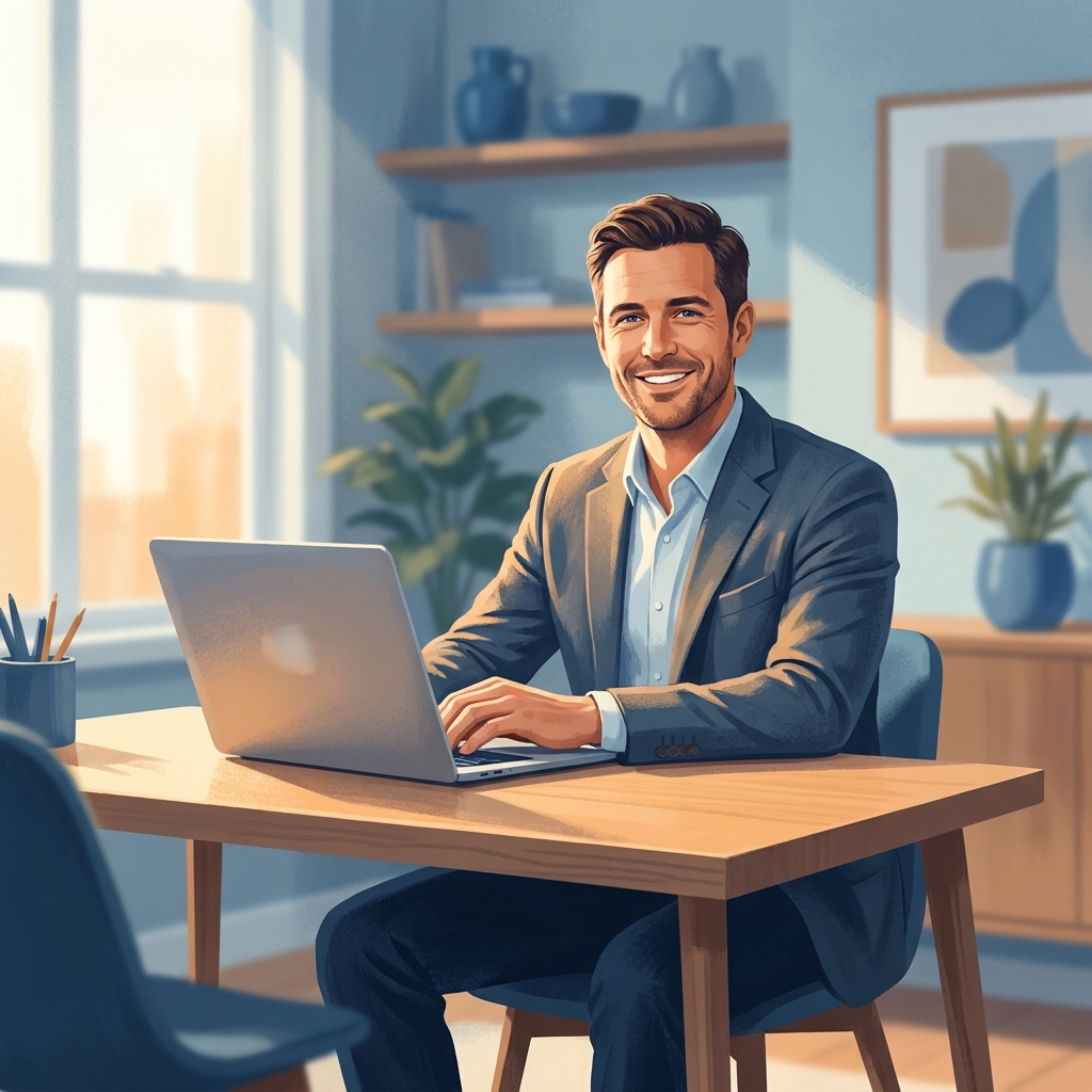 Man confidently reviewing a licensed provider hair loss prescription online from a modern home office Man confidently reviewing a licensed provider hair loss prescription online from a modern home office