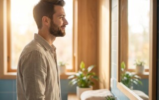 Young man looking confidently in mirror, representing early hair loss treatment opportunity for newly thinning men