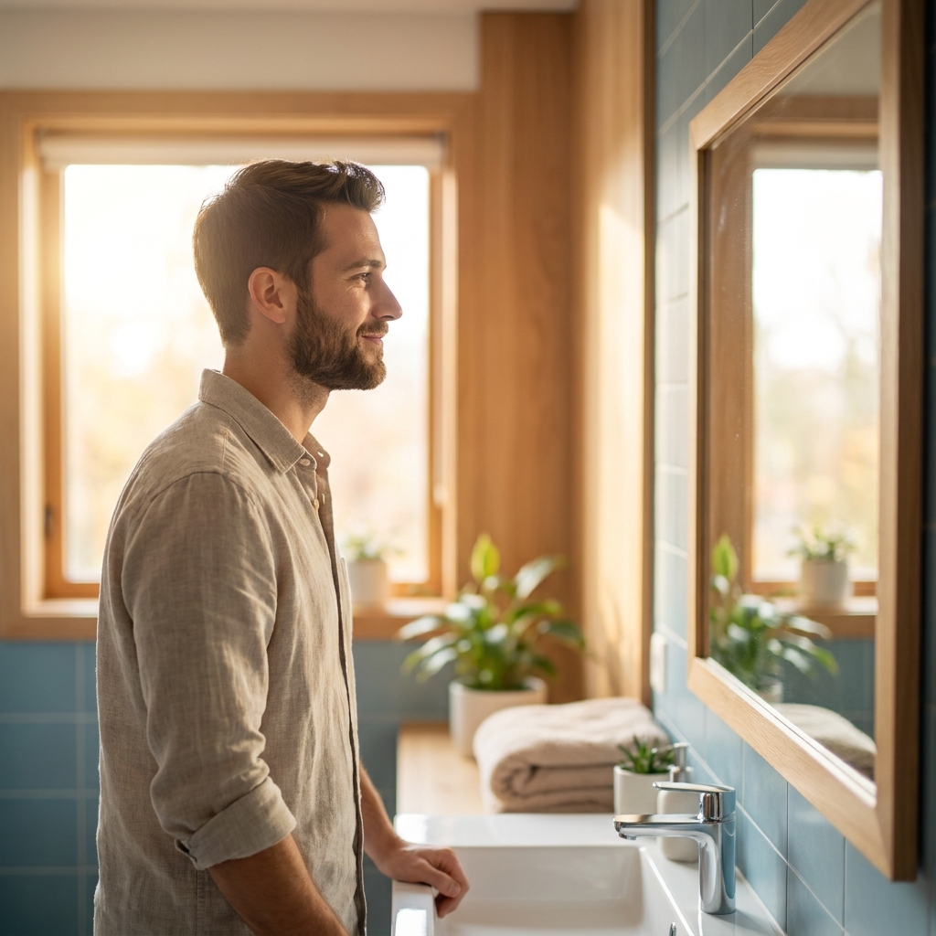 Young man looking confidently in mirror, representing early hair loss treatment opportunity for newly thinning men Young man looking confidently in mirror, representing early hair loss treatment opportunity for newly thinning men
