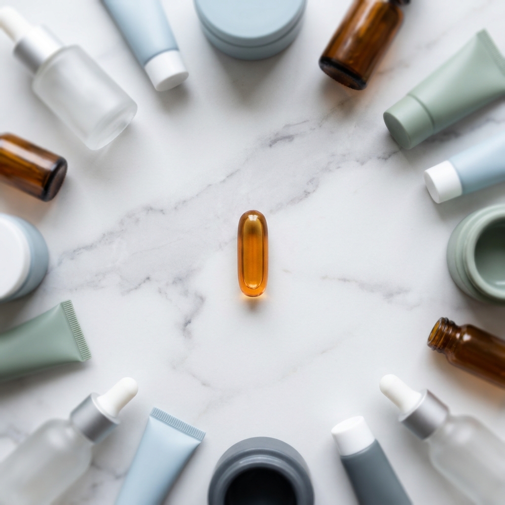 Single daily capsule centered on clean surface, replacing multiple hair loss products — stop taking multiple hair loss products Single daily capsule centered on clean surface, replacing multiple hair loss products — stop taking multiple hair loss products