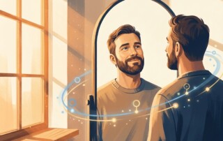 Man confidently checking hair in mirror, representing the hair regrowth timeline for men over months of treatment
