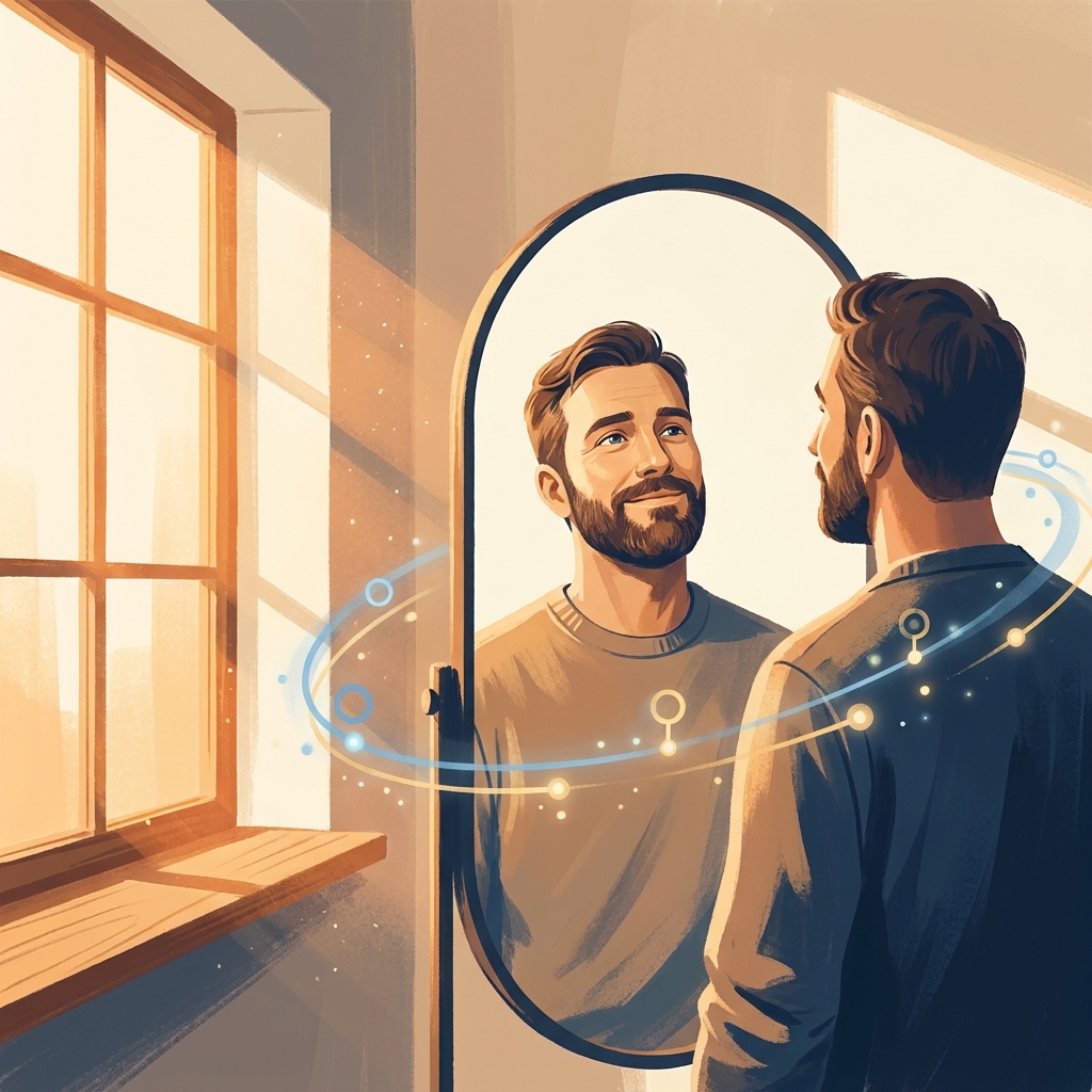 Man confidently checking hair in mirror, representing the hair regrowth timeline for men over months of treatment Man confidently checking hair in mirror, representing the hair regrowth timeline for men over months of treatment