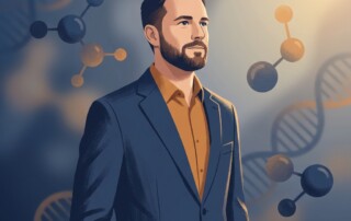 Confident man representing hair loss treatment backed by science with research-inspired background elements