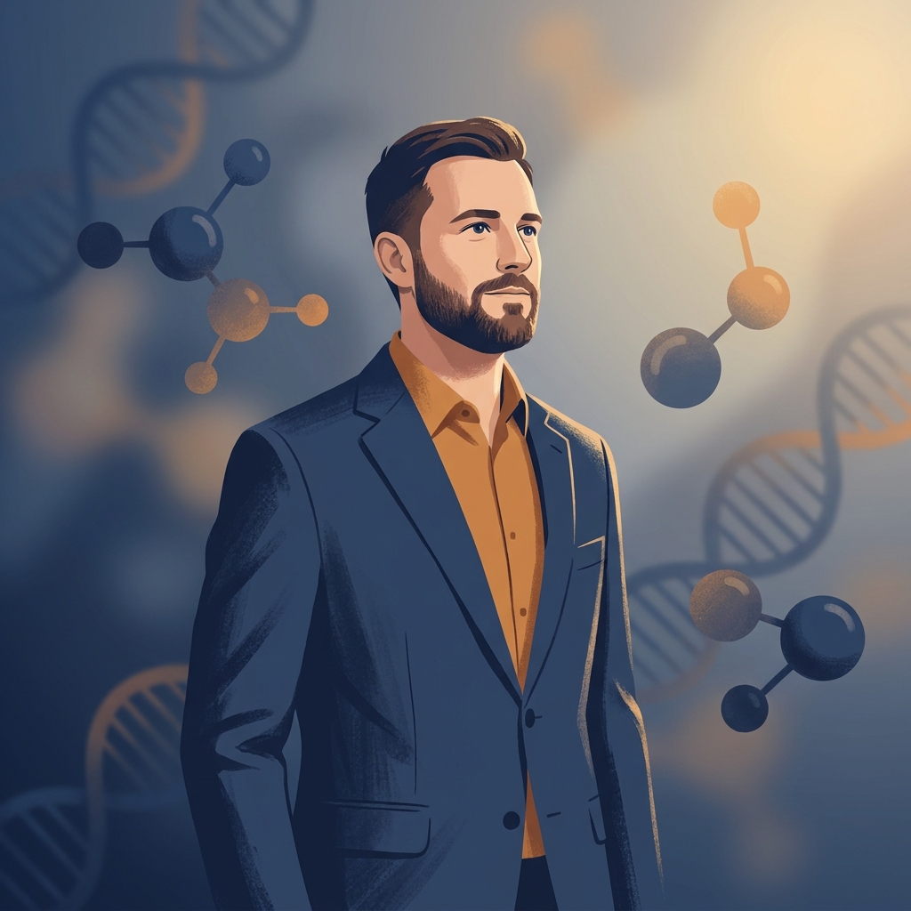 Confident man representing hair loss treatment backed by science with research-inspired background elements Confident man representing hair loss treatment backed by science with research-inspired background elements
