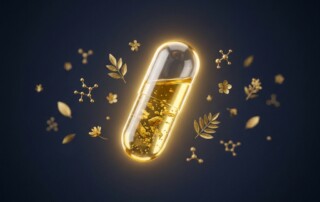 Once daily hair loss capsule glowing against a dark navy background with a warm golden halo effect