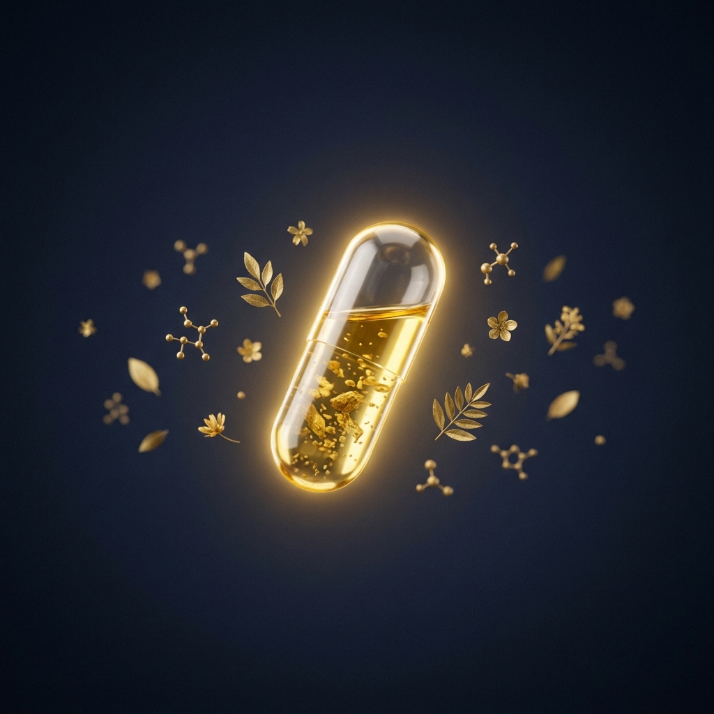 Once daily hair loss capsule glowing against a dark navy background with a warm golden halo effect Once daily hair loss capsule glowing against a dark navy background with a warm golden halo effect