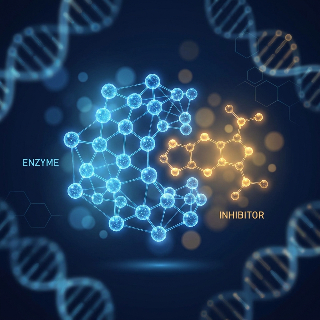 Stylized illustration of molecular enzyme pathways representing dutasteride vs finasteride hair loss treatment science