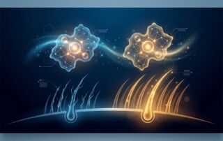 Stylized illustration of enzyme molecules and hair follicles representing 5-alpha reductase inhibitor hair loss treatment