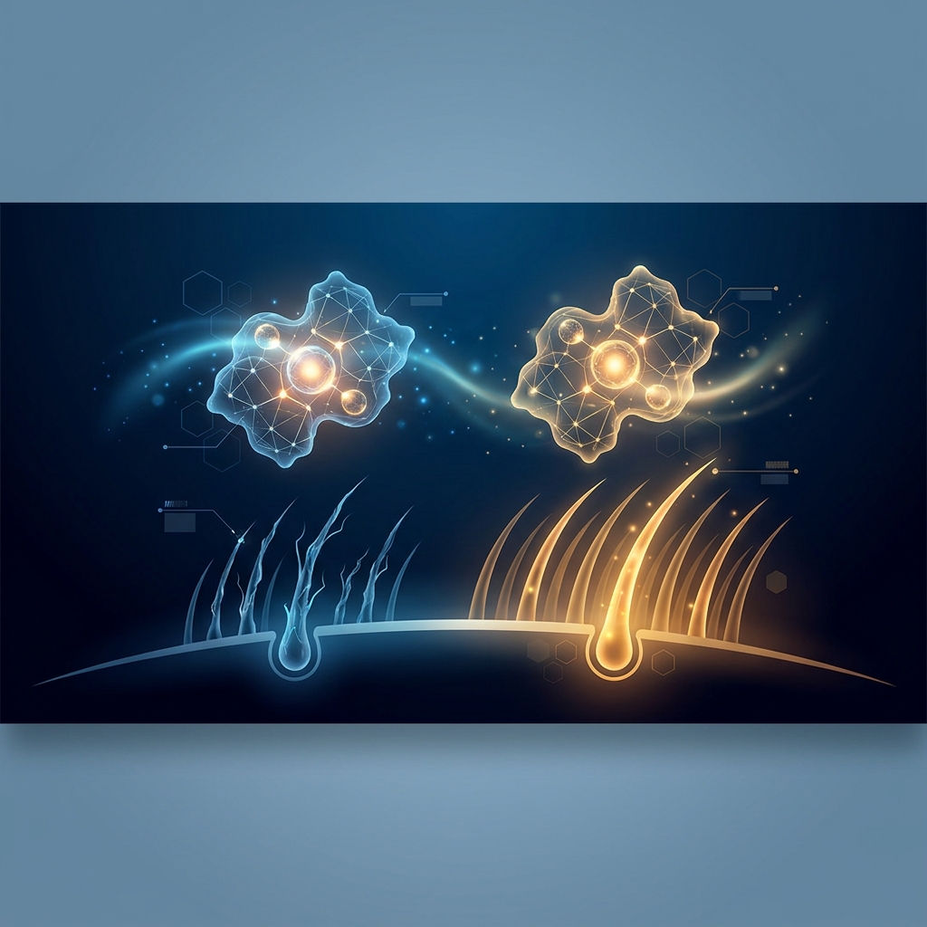 Stylized illustration of enzyme molecules and hair follicles representing 5-alpha reductase inhibitor hair loss treatment Stylized illustration of enzyme molecules and hair follicles representing 5-alpha reductase inhibitor hair loss treatment