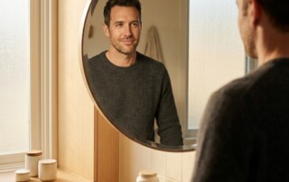 Confident man looking in bathroom mirror, representing hair loss treatment for men embarrassed about thinning