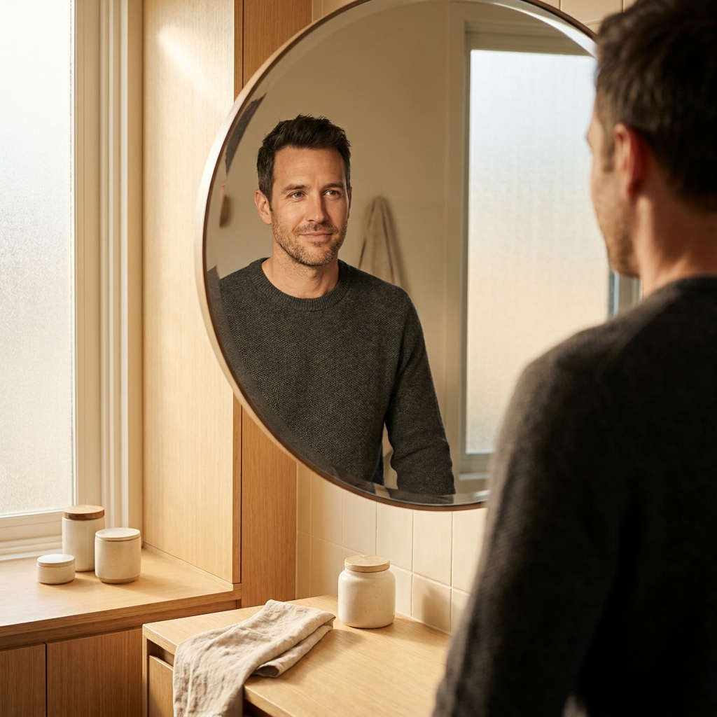 Confident man looking in bathroom mirror, representing hair loss treatment for men embarrassed about thinning
