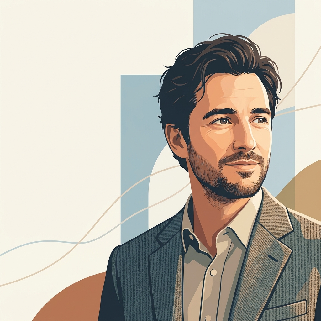 Confident man reflecting on hair thinning in men causes, illustrated in warm modern editorial style Confident man reflecting on hair thinning in men causes, illustrated in warm modern editorial style