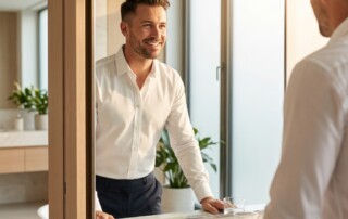 Confident man in morning bathroom routine — simple hair loss treatment for busy men takes just seconds