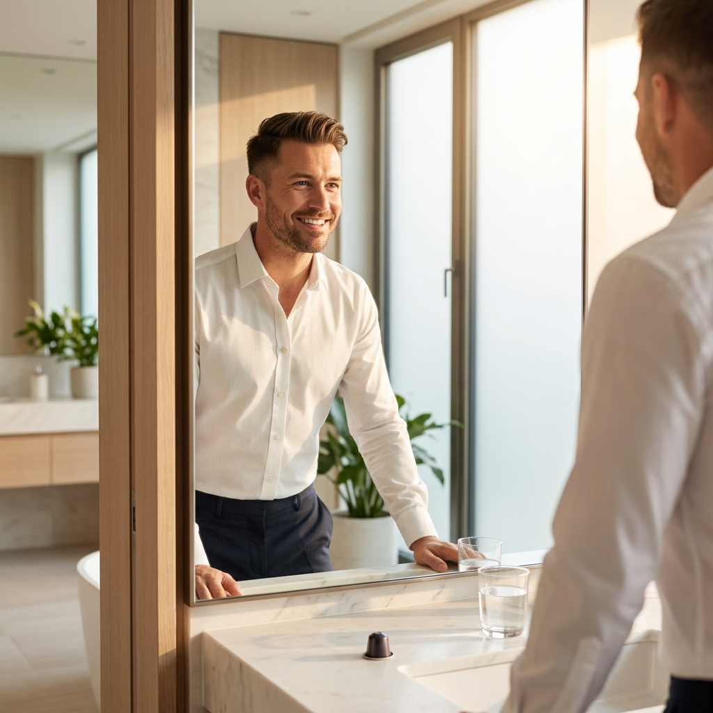 Confident man in morning bathroom routine — simple hair loss treatment for busy men takes just seconds Confident man in morning bathroom routine — simple hair loss treatment for busy men takes just seconds