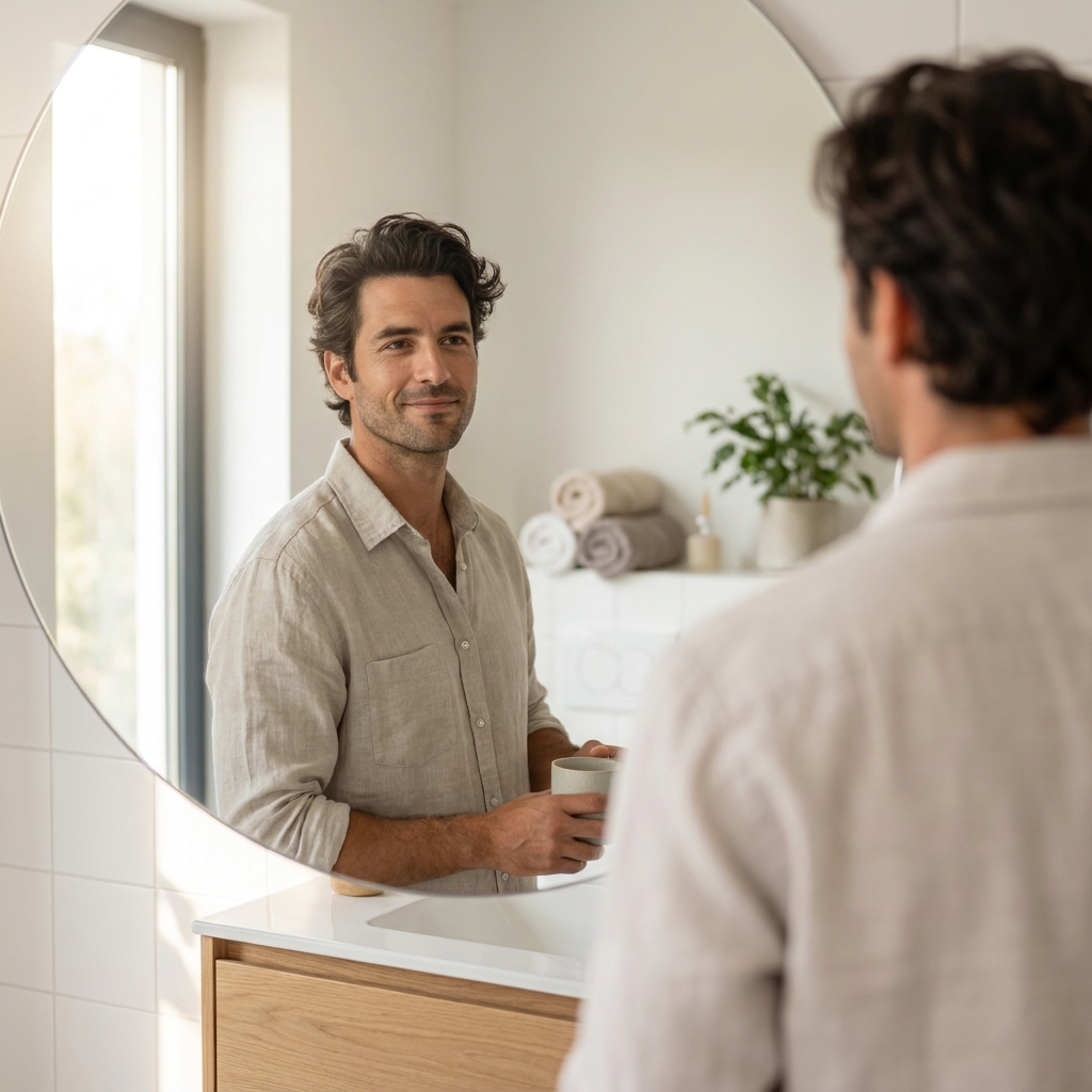 Confident man with healthy hair reflecting on non-surgical hair loss treatment for men in a modern bathroom Confident man with healthy hair reflecting on non-surgical hair loss treatment for men in a modern bathroom