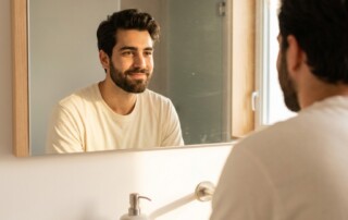 Young man in his 20s confidently checking his hair in a mirror, representing early hair loss treatment success.