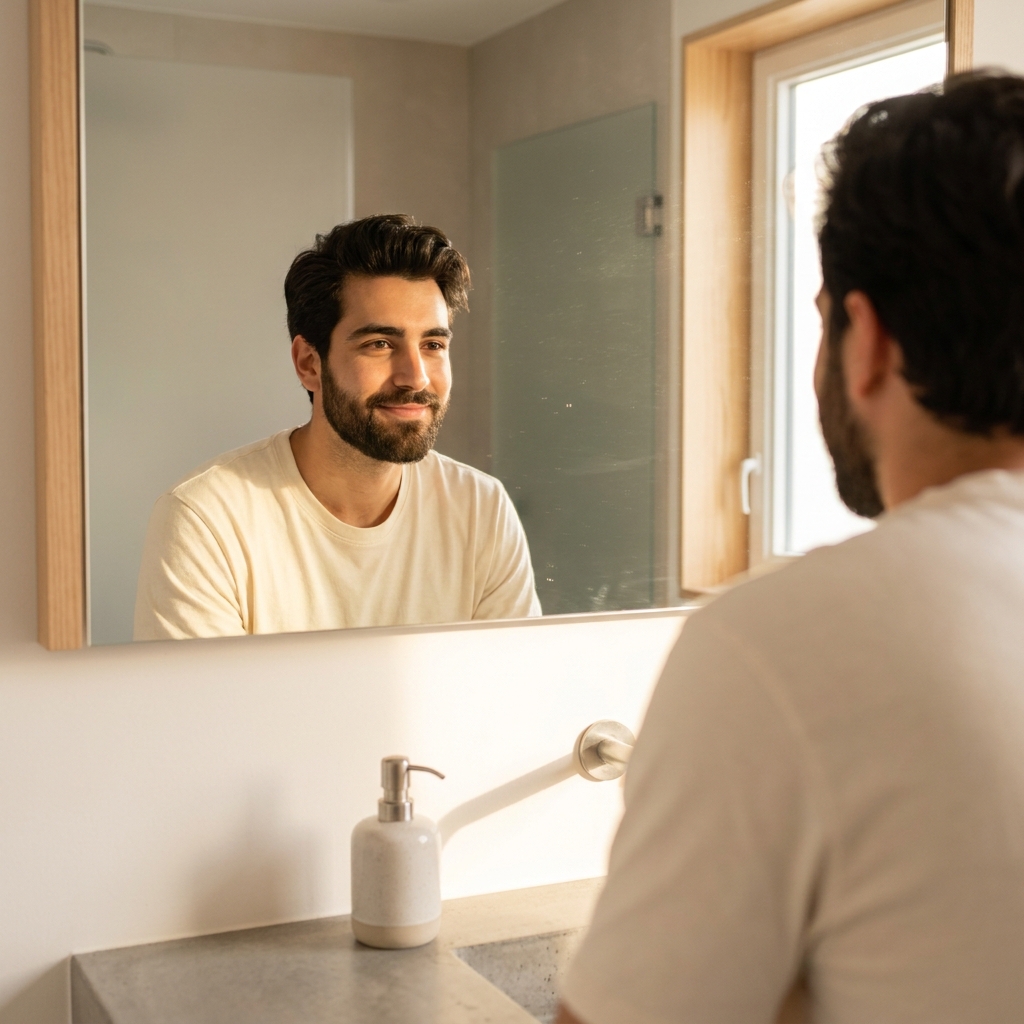 Young man in his 20s confidently checking his hair in a mirror, representing early hair loss treatment success. Young man in his 20s confidently checking his hair in a mirror, representing early hair loss treatment success.