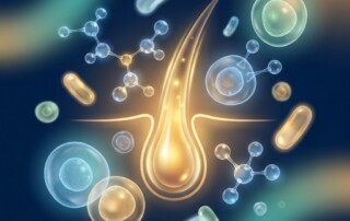 Stylized illustration of a healthy hair follicle surrounded by supplement molecules representing hair follicle health supplements