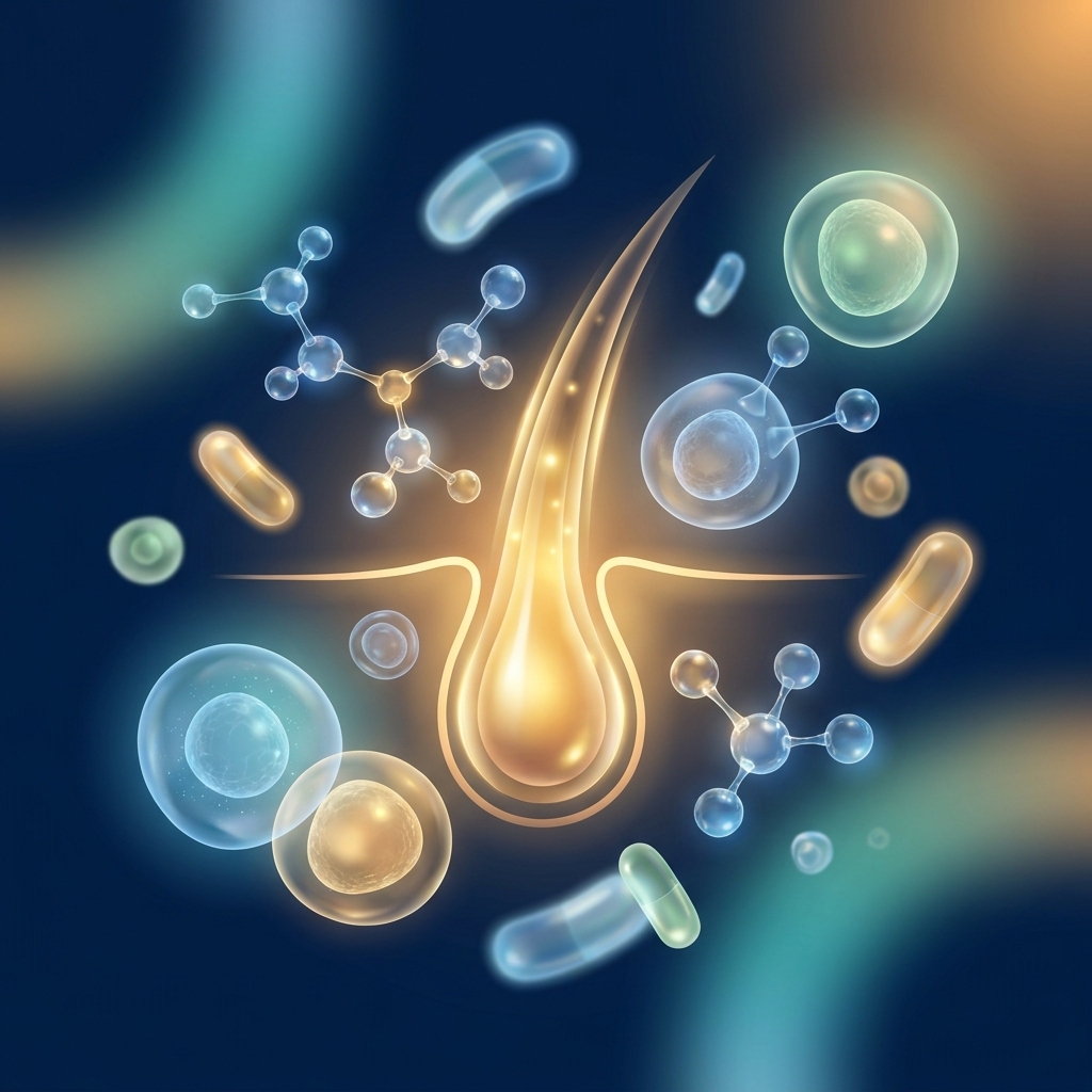 Stylized illustration of a healthy hair follicle surrounded by supplement molecules representing hair follicle health supplements Stylized illustration of a healthy hair follicle surrounded by supplement molecules representing hair follicle health supplements