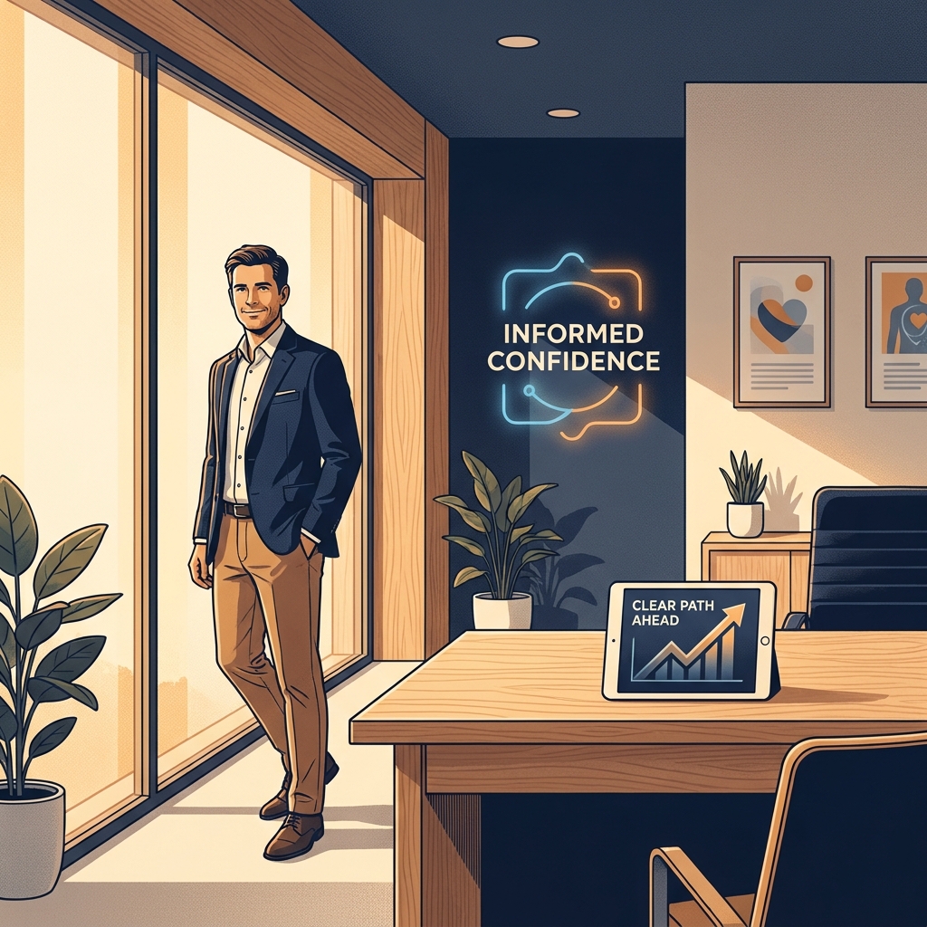 Confident man in modern medical office representing hair transplant surgeon recommended treatment consultation Confident man in modern medical office representing hair transplant surgeon recommended treatment consultation