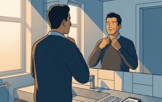 Man confidently checking his hair loss subscription service delivery notification for men's daily treatment capsules