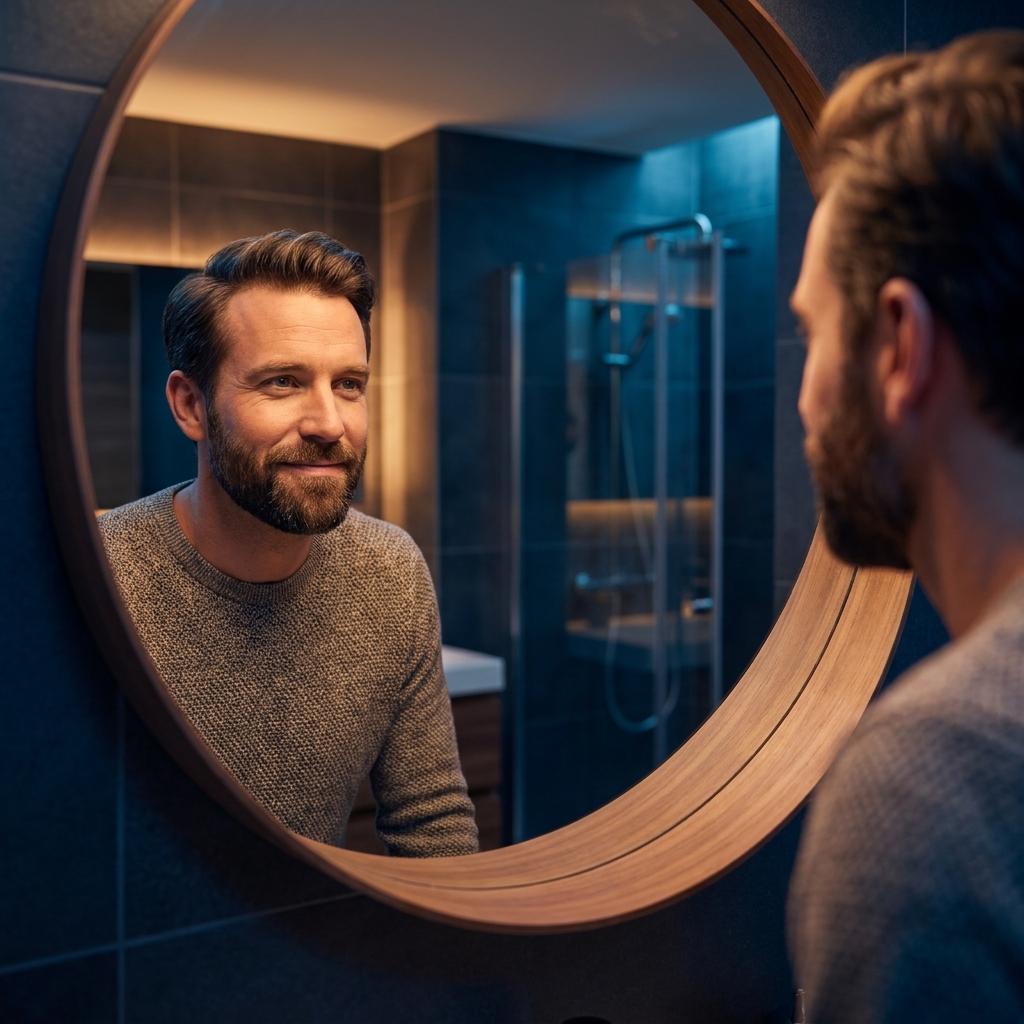 Man examining his hairline in a mirror, representing what causes receding hairline in men Man examining his hairline in a mirror, representing what causes receding hairline in men