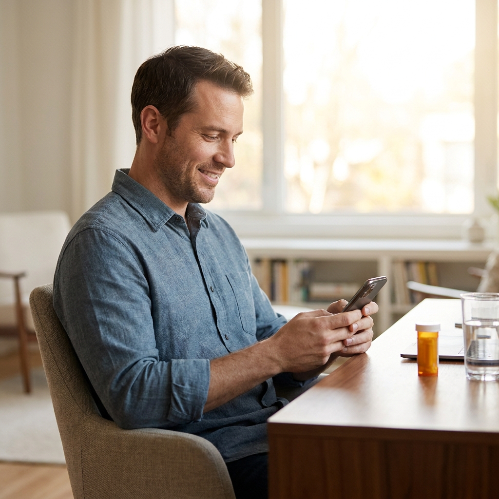 Man confidently managing prescription hair loss treatment without a doctor visit via telehealth on his phone at home Man confidently managing prescription hair loss treatment without a doctor visit via telehealth on his phone at home