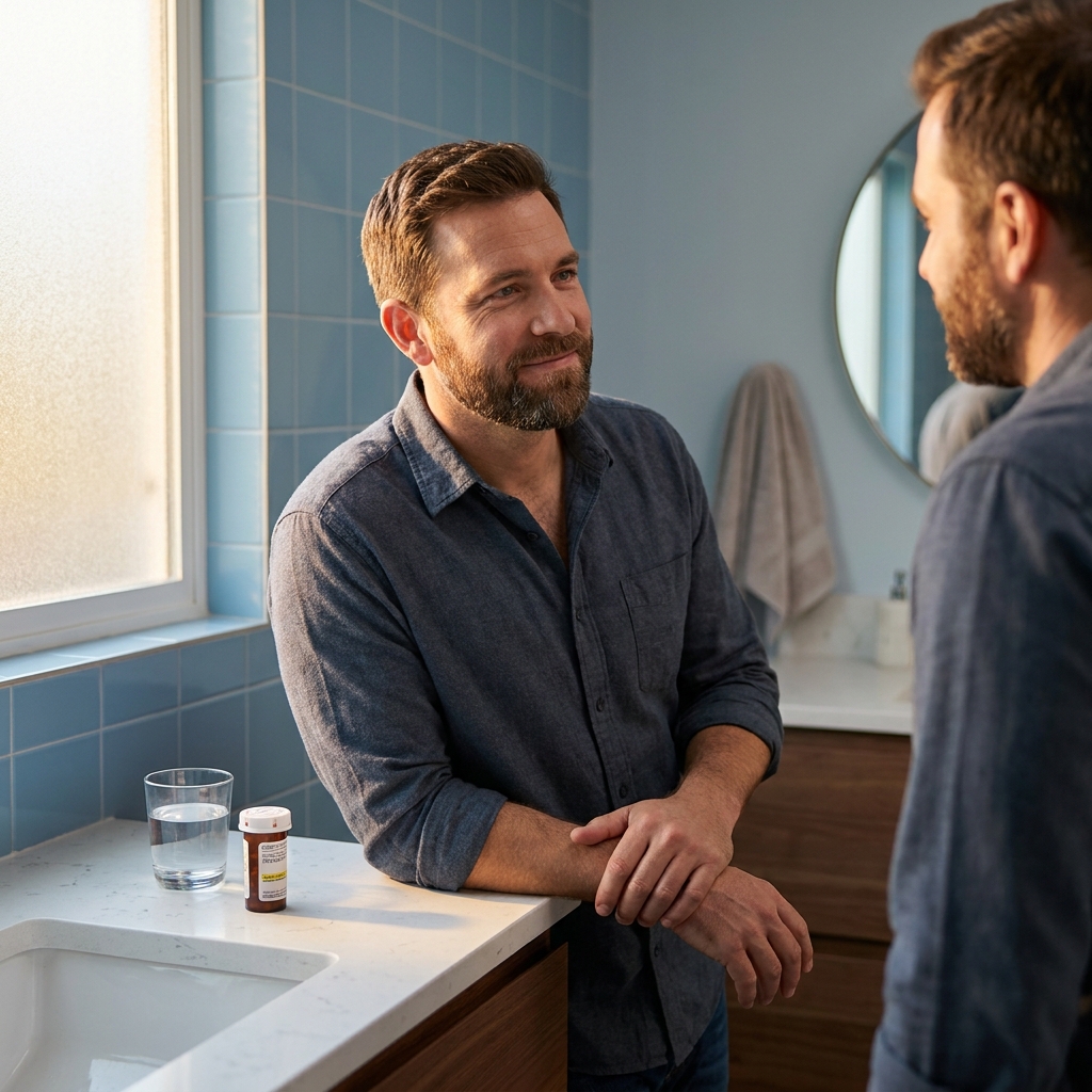 Man looking confidently in mirror after hair loss treatment — Thryve Hair Lab review Man looking confidently in mirror after hair loss treatment — Thryve Hair Lab review