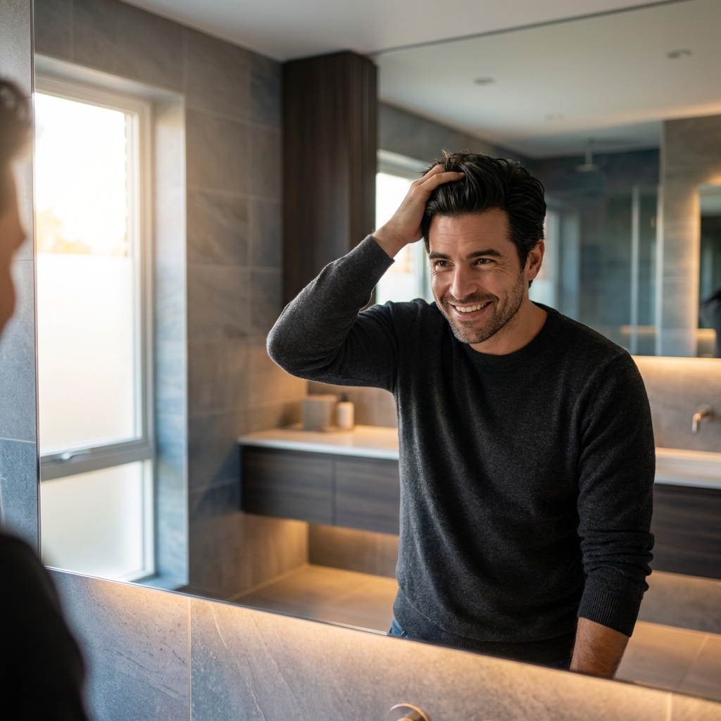 Confident man with full thick hair reflecting dutasteride’s better results for hair loss in a modern bathroom mirror. Confident man with full thick hair reflecting dutasteride's better results for hair loss in a modern bathroom mirror.
