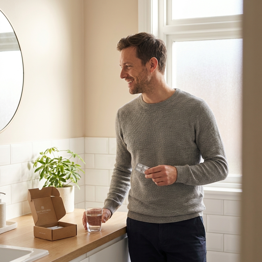 Confident man holding monthly hair loss medication delivery capsules as part of his daily routine Confident man holding monthly hair loss medication delivery capsules as part of his daily routine