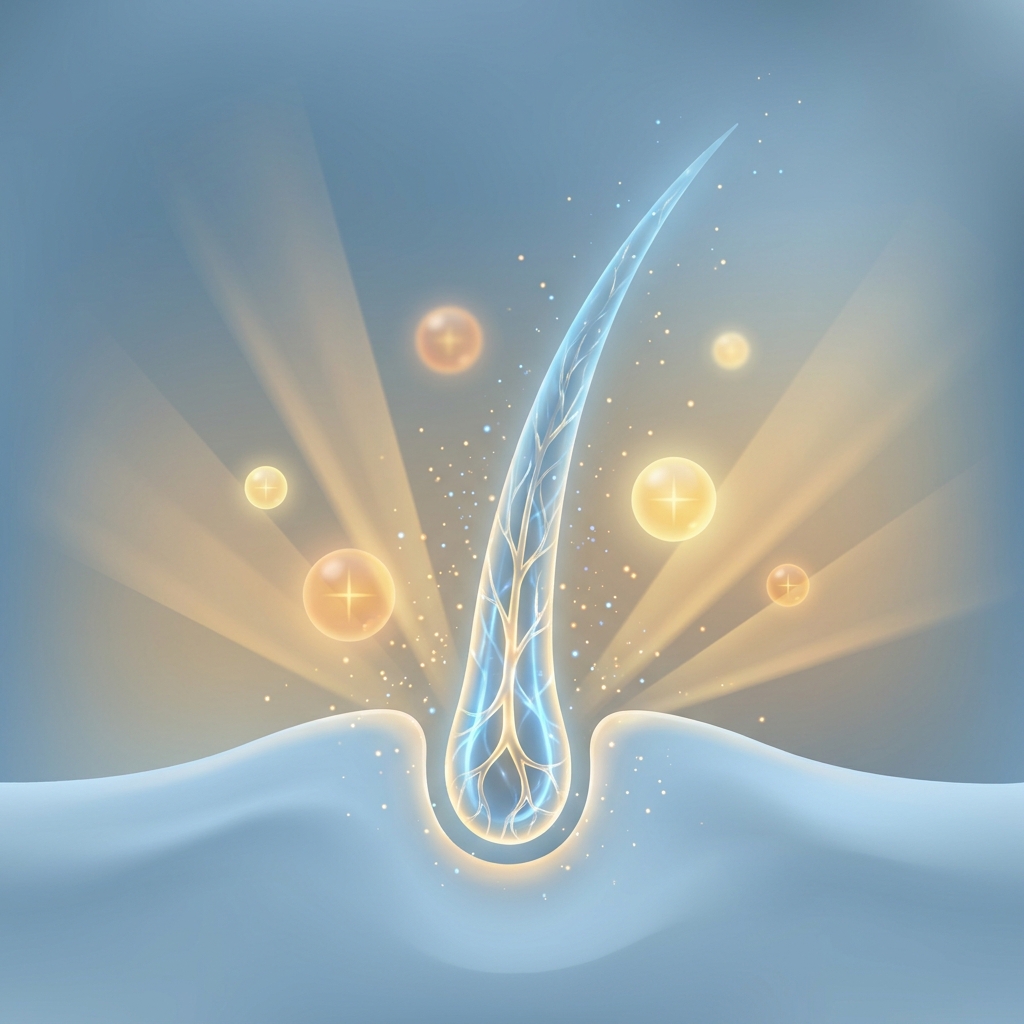 Illustrated hair follicle bathed in golden light symbolizing vitamin D and hair loss science Illustrated hair follicle bathed in golden light symbolizing vitamin D and hair loss science