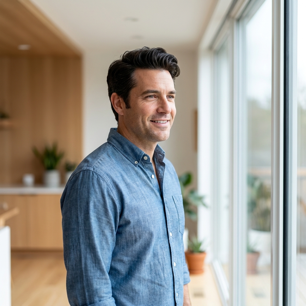 Confident man in his 40s with healthy hair representing men's hair thinning treatment options at 40