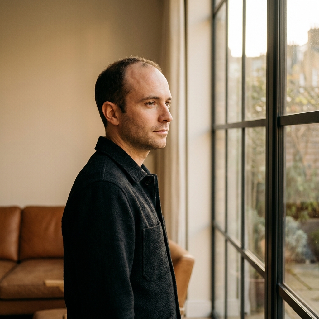 Confident man reflecting quietly near a window, representing hair loss confidence in men and emotional resilience. Confident man reflecting quietly near a window, representing hair loss confidence in men and emotional resilience.