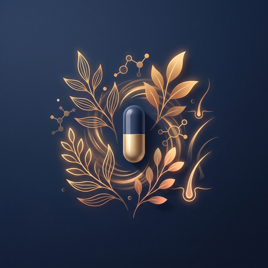 Illustrated hair loss pill that combines everything into one daily capsule with botanical and science-inspired design elements