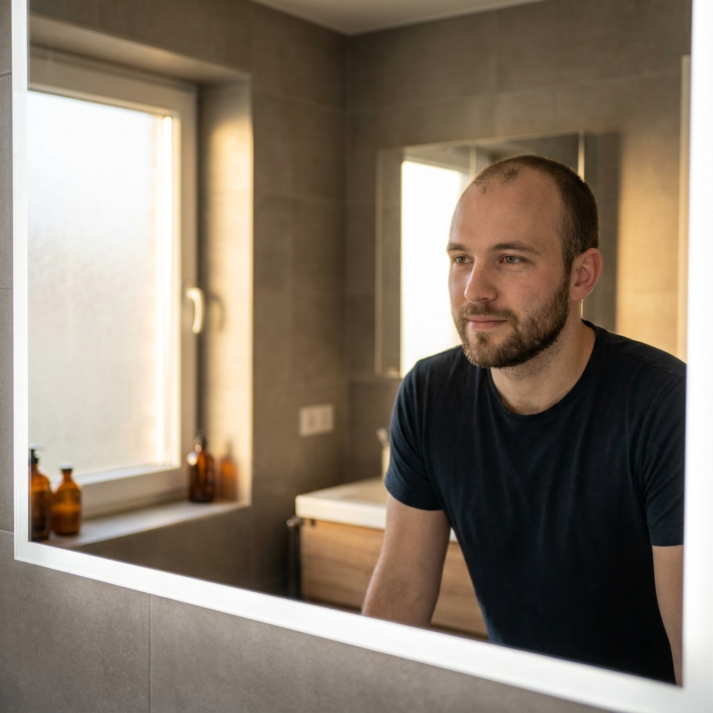 Young man in his 20s examining his hairline in a mirror, representing early action against hair loss at 20s Young man in his 20s examining his hairline in a mirror, representing early action against hair loss at 20s