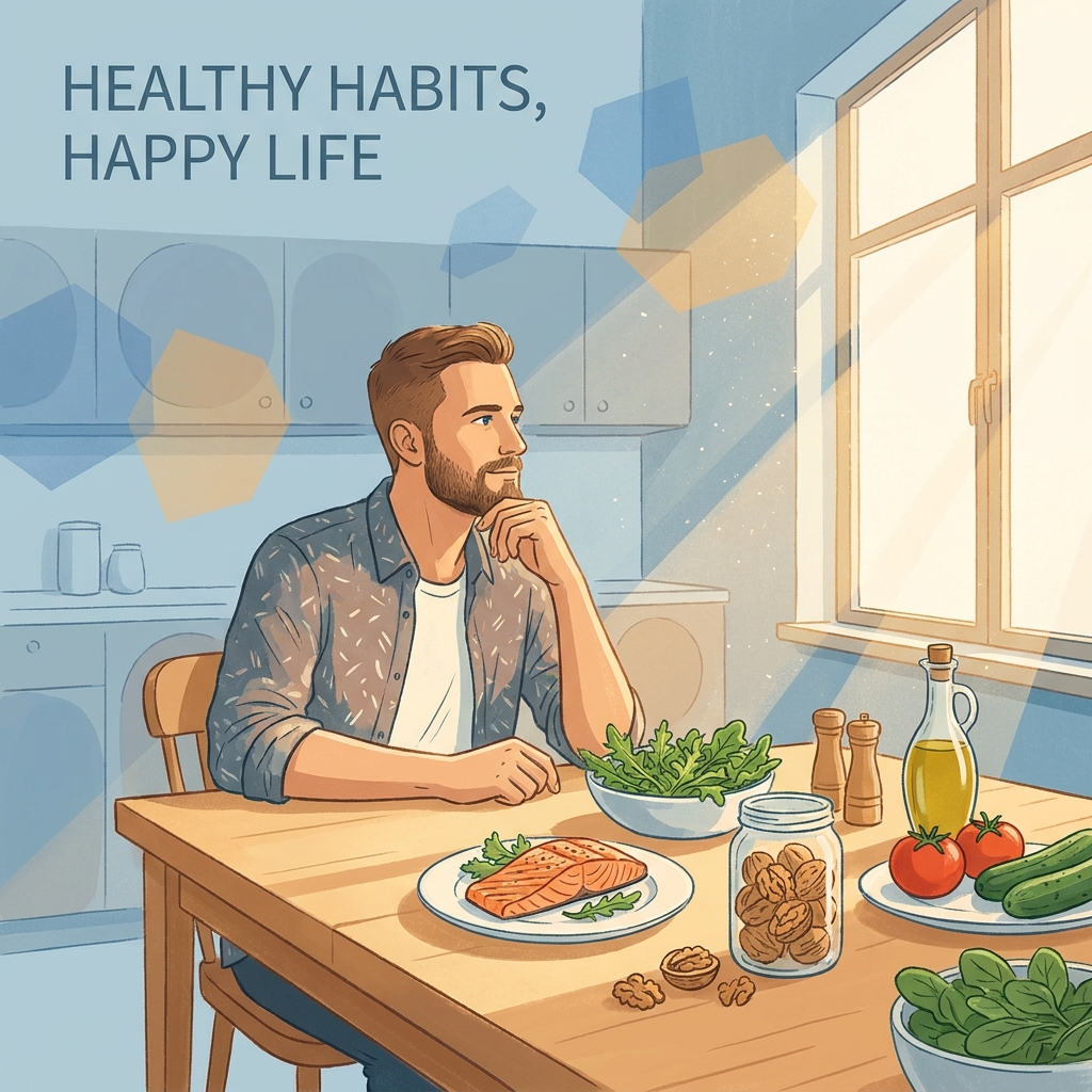 Man eating a healthy Mediterranean diet to support hair health, illustrating the connection between diet and hair loss in men.
