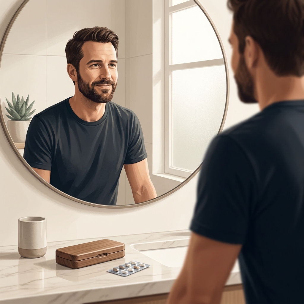 Man confidently reviewing affordable hair loss treatment options in a modern bathroom setting Man confidently reviewing affordable hair loss treatment options in a modern bathroom setting