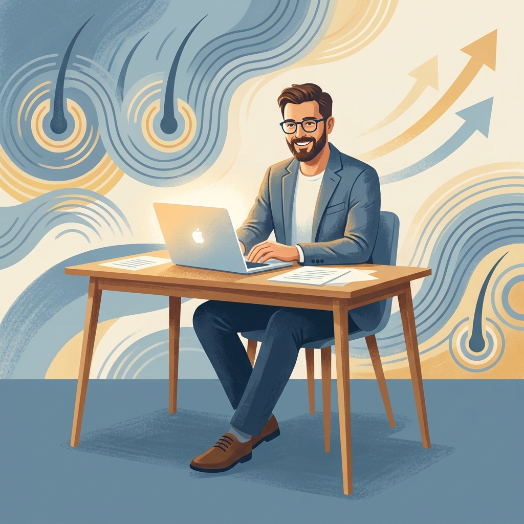 Man consulting with a hair restoration specialist online through a modern telehealth platform Man consulting with a hair restoration specialist online through a modern telehealth platform