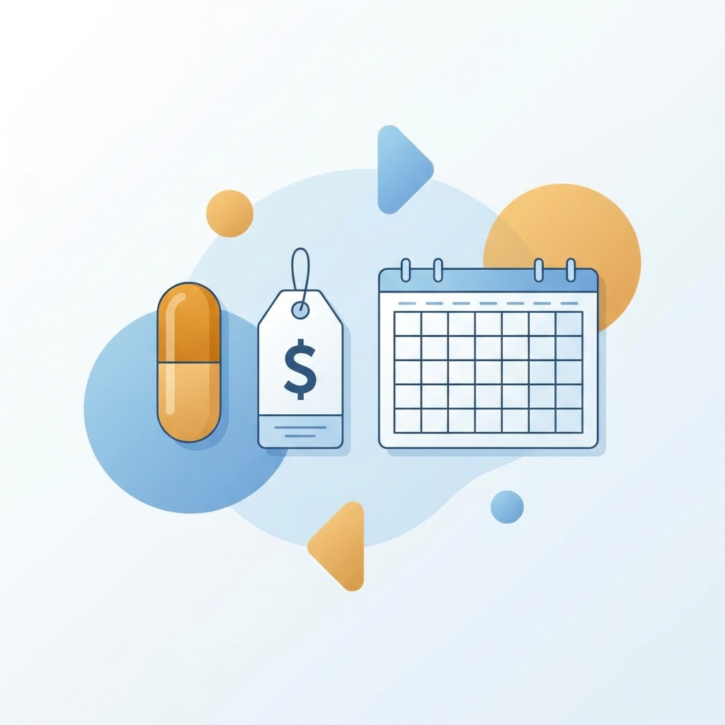 Stylized illustration representing hair loss treatment cost per month with a capsule and calendar on a clean desk Stylized illustration representing hair loss treatment cost per month with a capsule and calendar on a clean desk