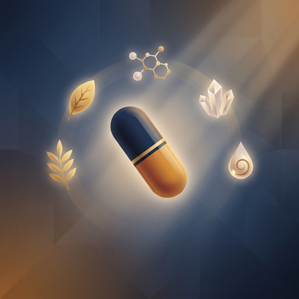 Stylized illustration of a 4 in 1 hair loss capsule with four glowing elements orbiting it on a navy background Stylized illustration of a 4 in 1 hair loss capsule with four glowing elements orbiting it on a navy background