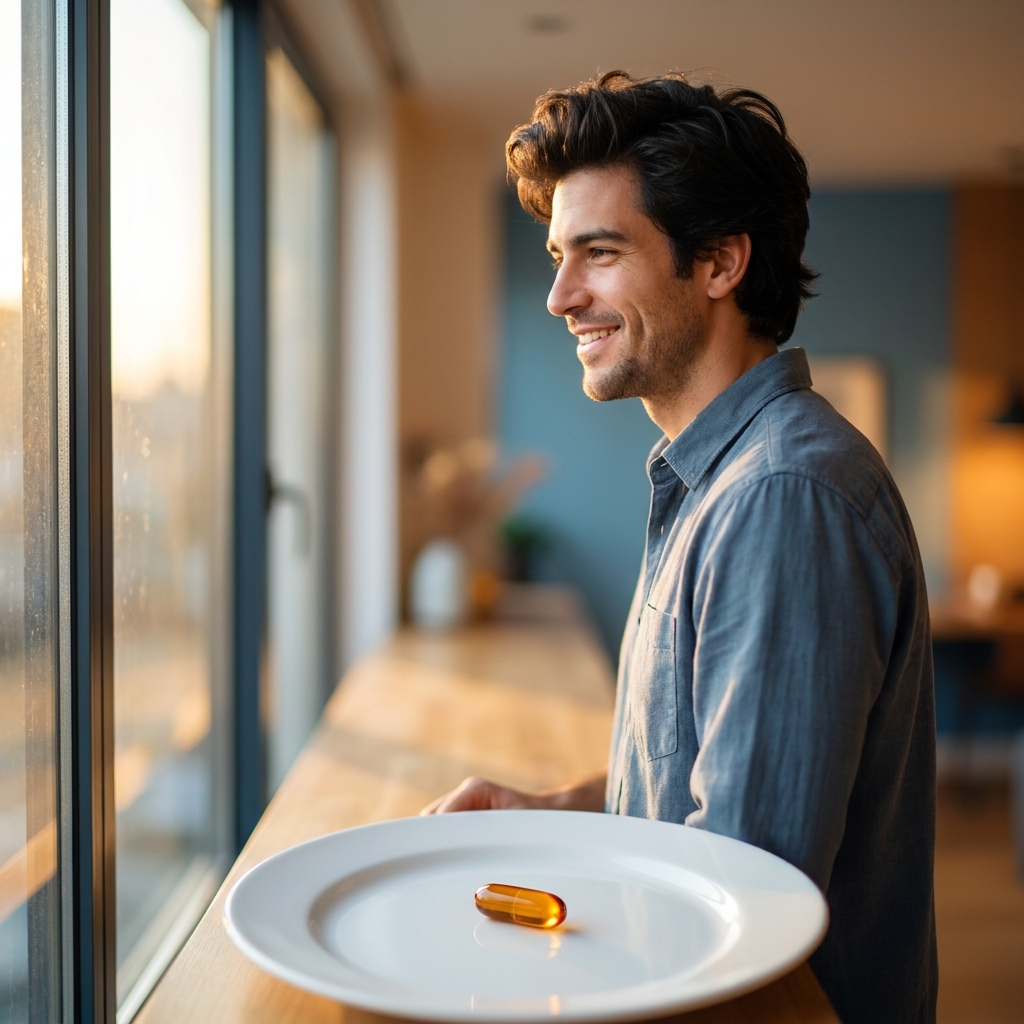 Man with healthy hair beside a daily oral capsule representing low dose oral minoxidil hair loss treatment Man with healthy hair beside a daily oral capsule representing low dose oral minoxidil hair loss treatment