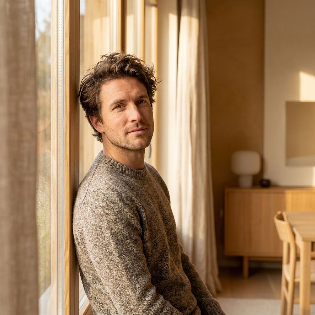 Man in his 30s looking confident and reflective, representing understanding hair thinning at 30 Man in his 30s looking confident and reflective, representing understanding hair thinning at 30