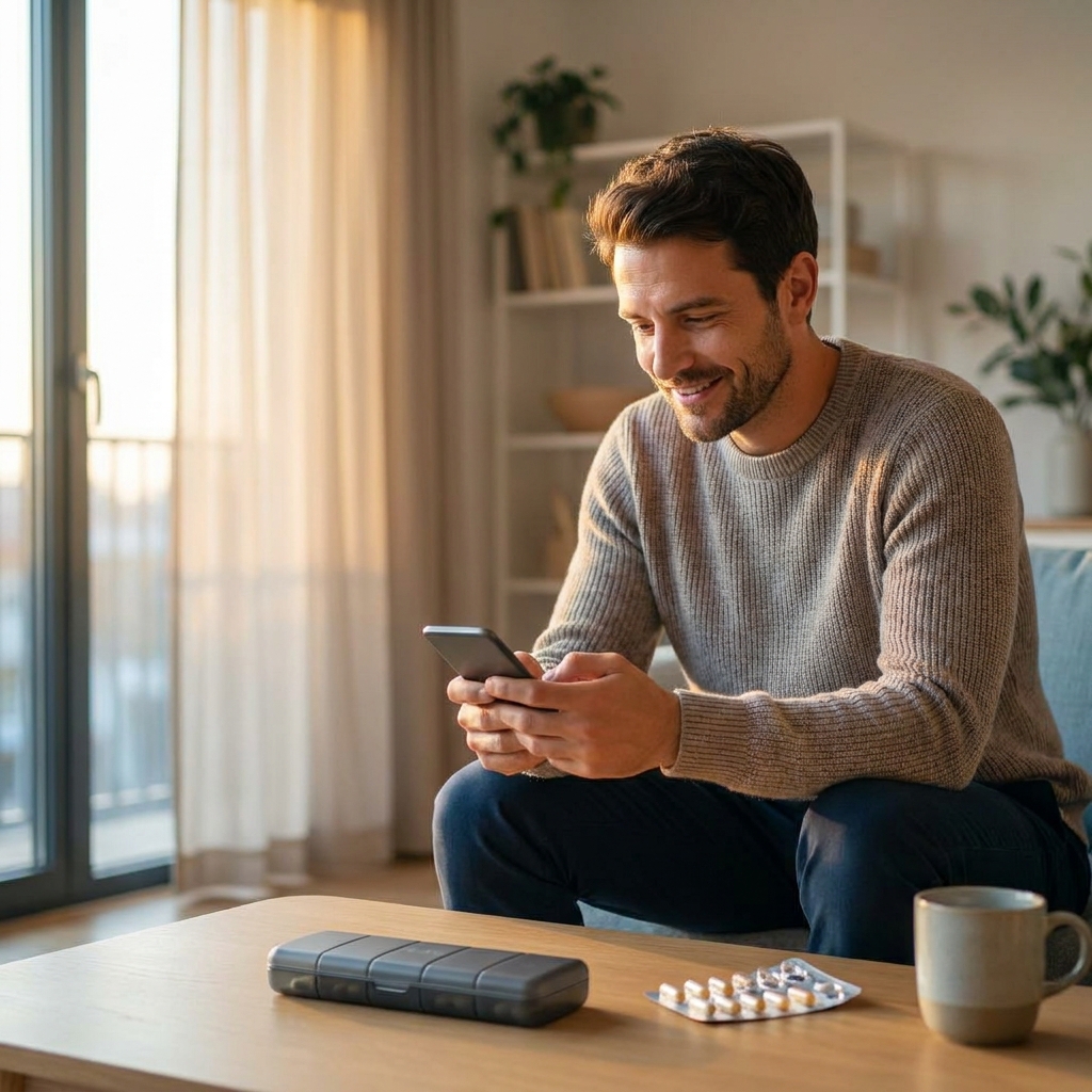 Man smiling at phone after getting a hair loss prescription online, skipping the dermatologist wait Man smiling at phone after getting a hair loss prescription online, skipping the dermatologist wait