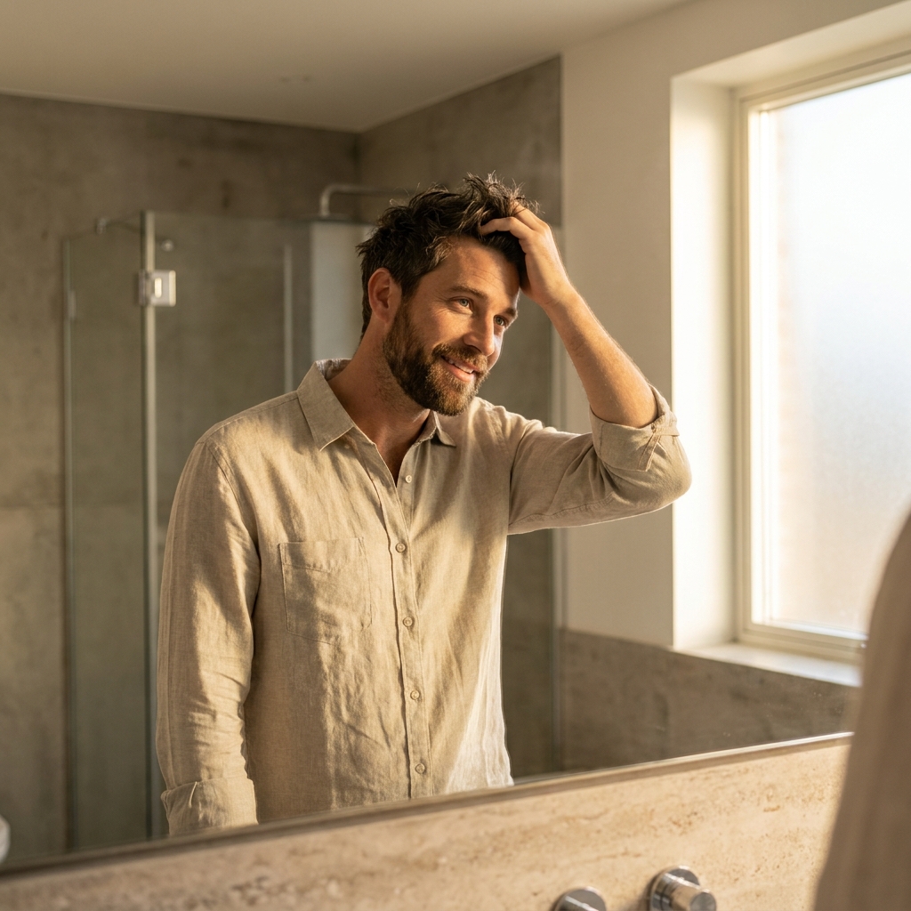 Confident man examining healthy hair in mirror, representing common questions about hair loss treatment answered by surgeons Confident man examining healthy hair in mirror, representing common questions about hair loss treatment answered by surgeons