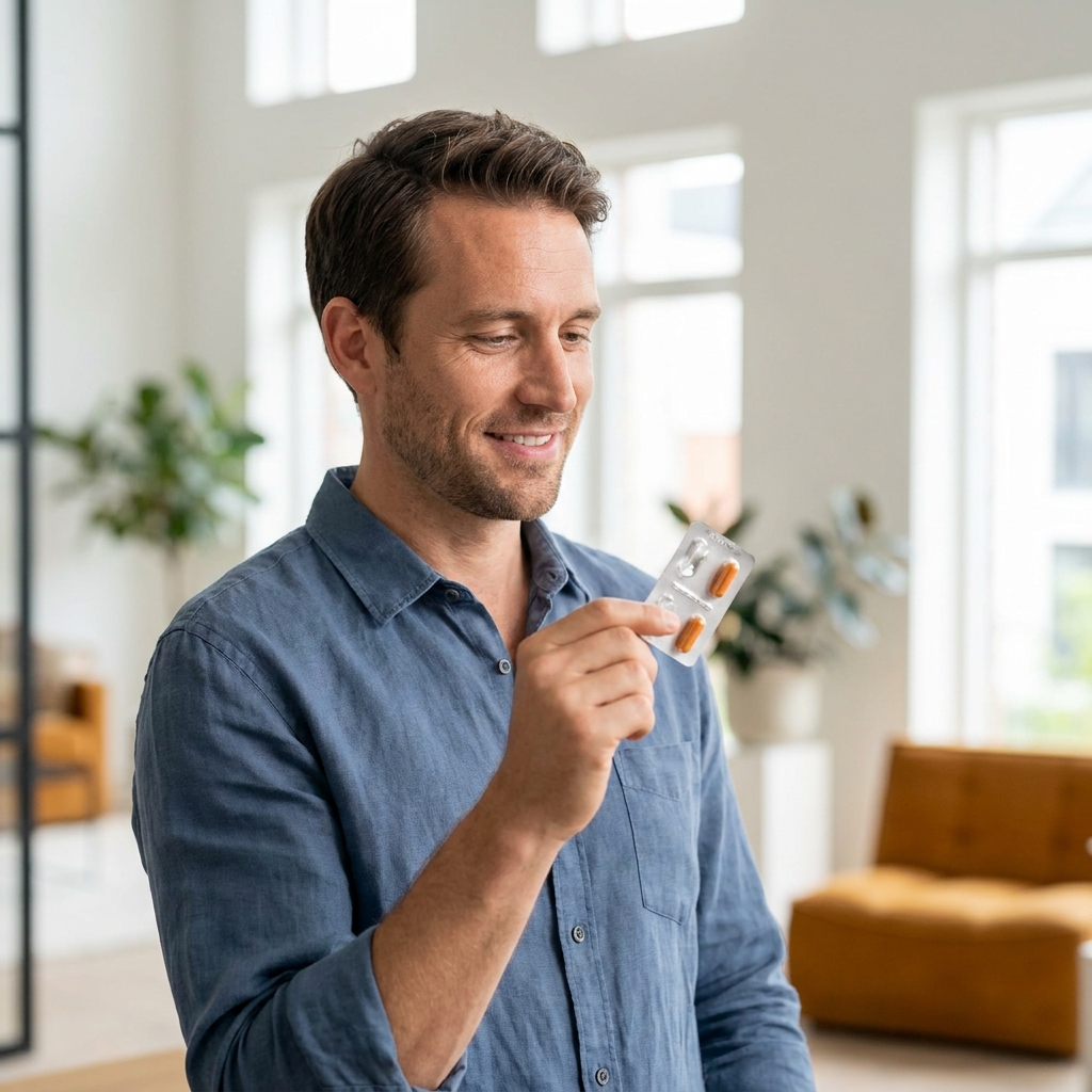 Man confidently holding daily hair capsule pack — illustrating how Thryve Hair Lab works in a simple routine Man confidently holding daily hair capsule pack — illustrating how Thryve Hair Lab works in a simple routine