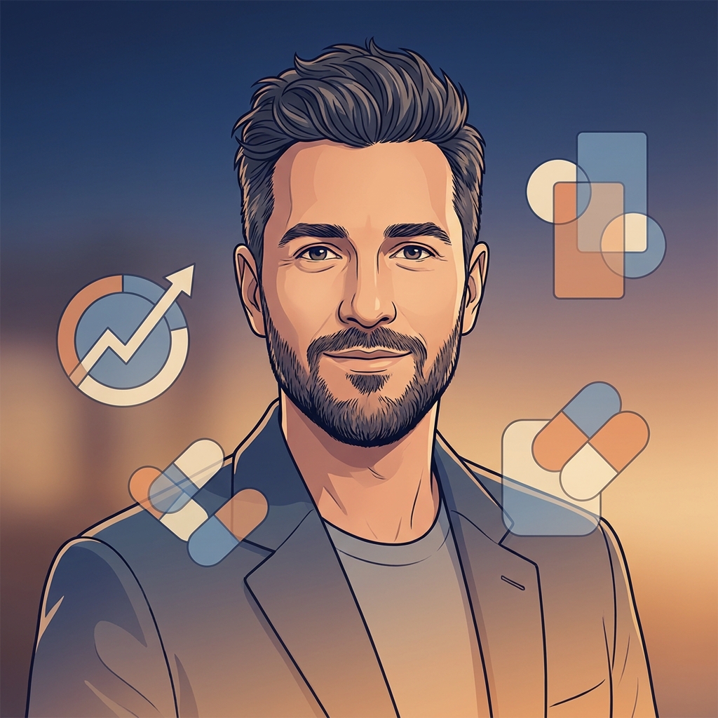 Confident man with healthy hair surrounded by abstract icons representing a hair loss treatment comparison guide 2026